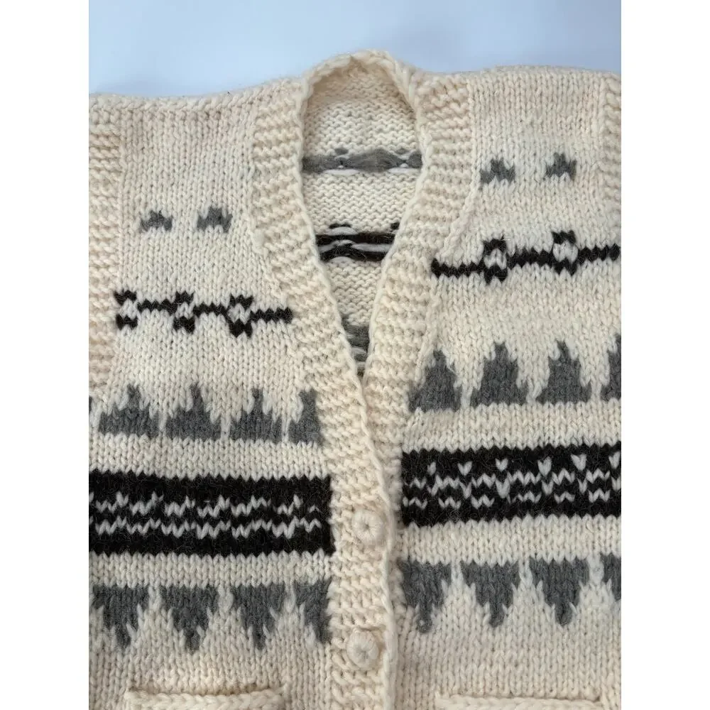 90s VTG Chunky Wool Cardigan Vest Large XL Hand Knit Cottagecore Romania Unisex